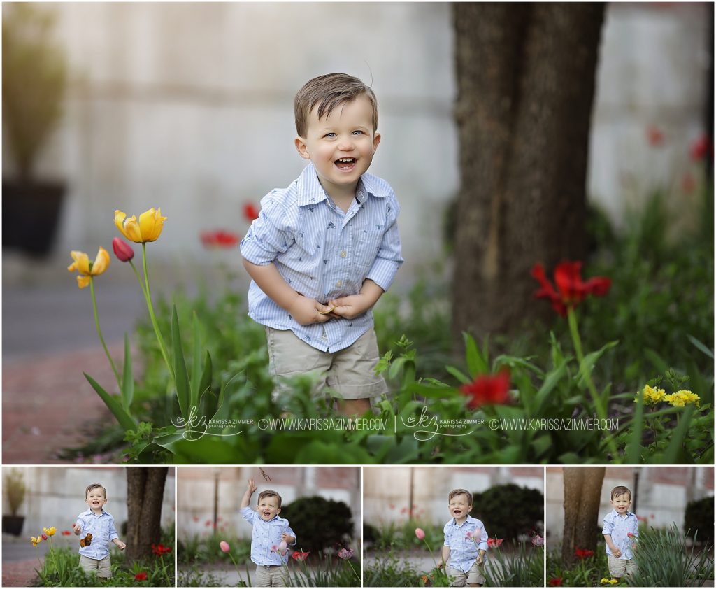 little boy giggles during his family's outdoor maternity photography session