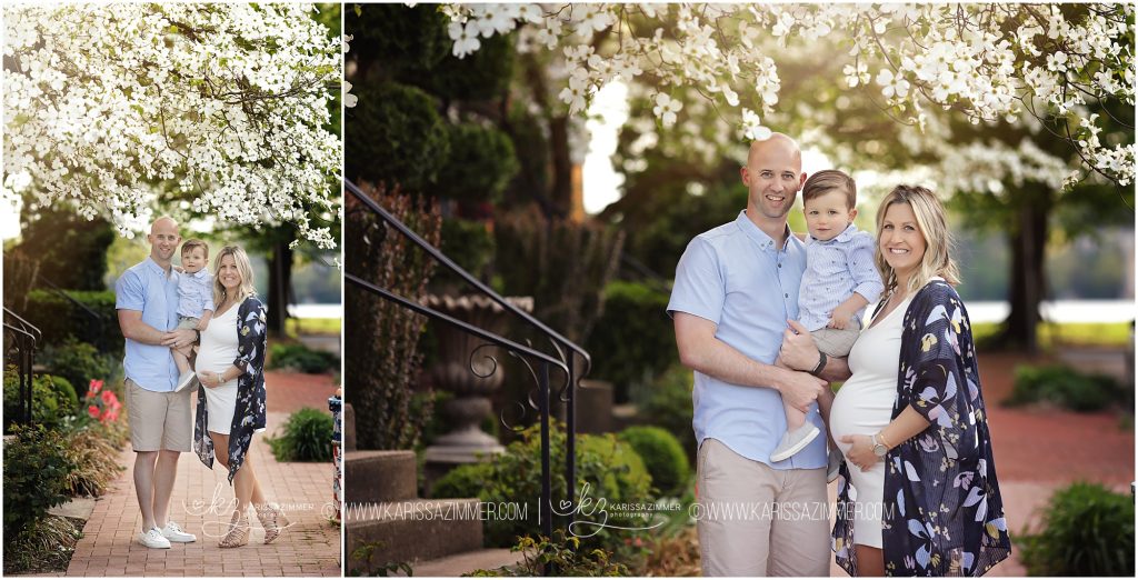 family photographed in the spring at outdoor maternity session in camp hill pa