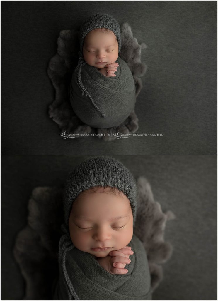 posed newborn baby boy on gray by camp hill newborn photographer