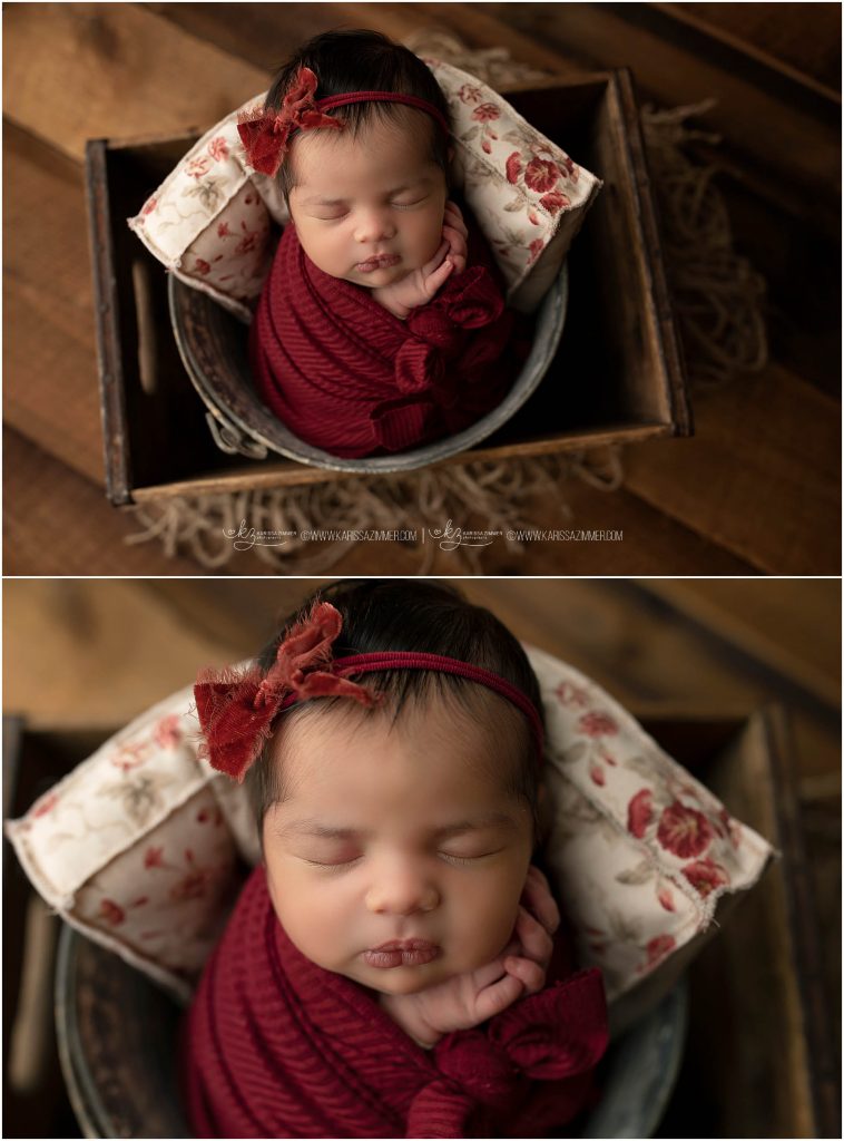 camp hill newborn photographer karissa zimmer photography captures image of baby girl in red