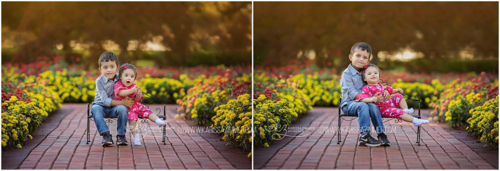 brother and sister sit on bench during their fall family photography session near Camp Hill PA