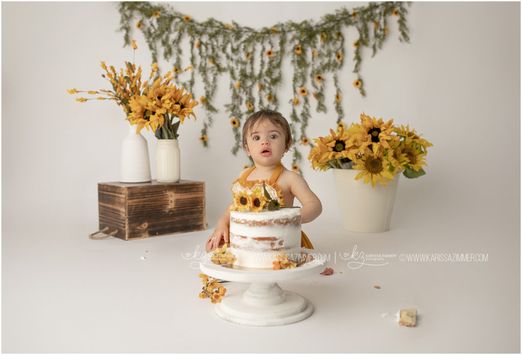 Sunflower cake smash photography session in camp hill baby photography studio