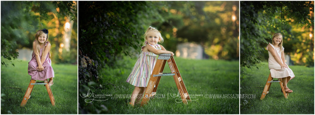 3 sisters pose for individual portraits on ladder at their family photography session with Karissa Zimmer Photography