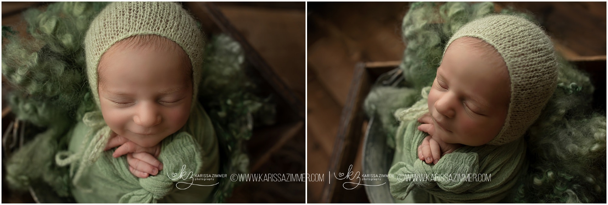 baby boy posed in green for newborn photography shoot