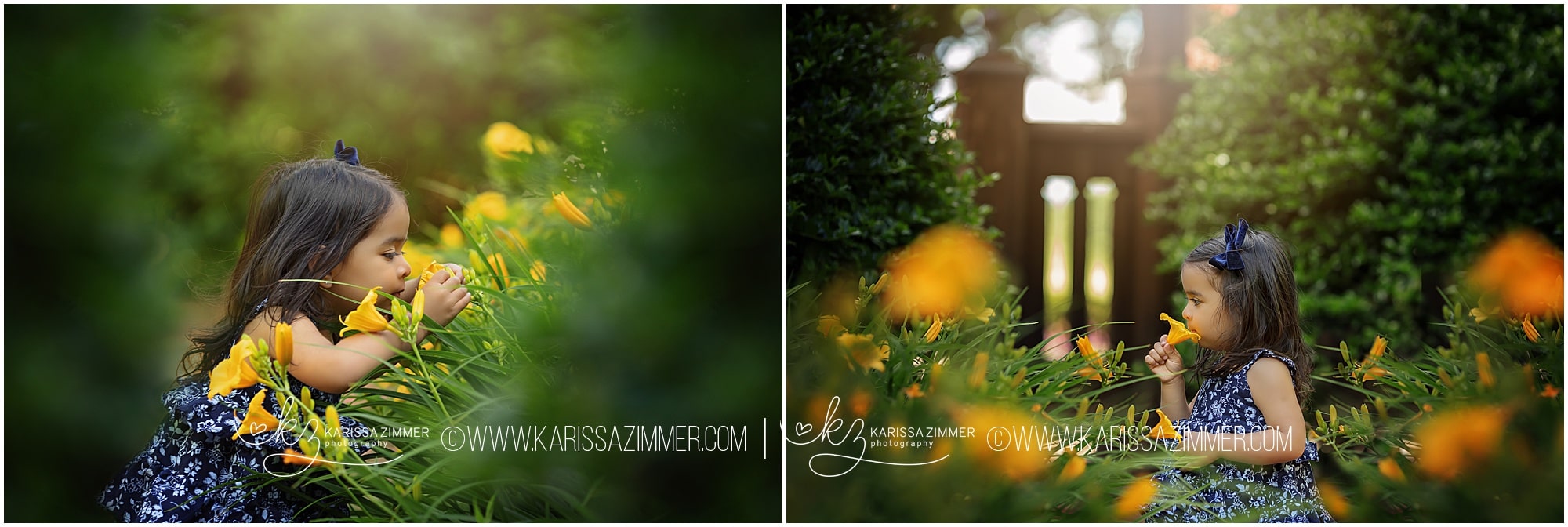 A little girl smells an orange flower at her outdoor childhood portrait session with Camp Hill PA Photographer