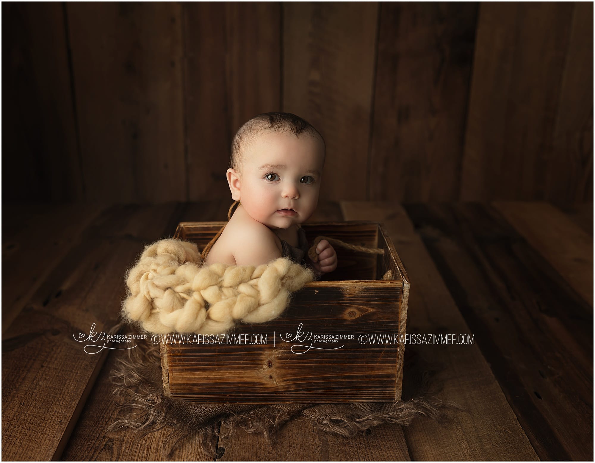 6 month old baby boy in box prop photography