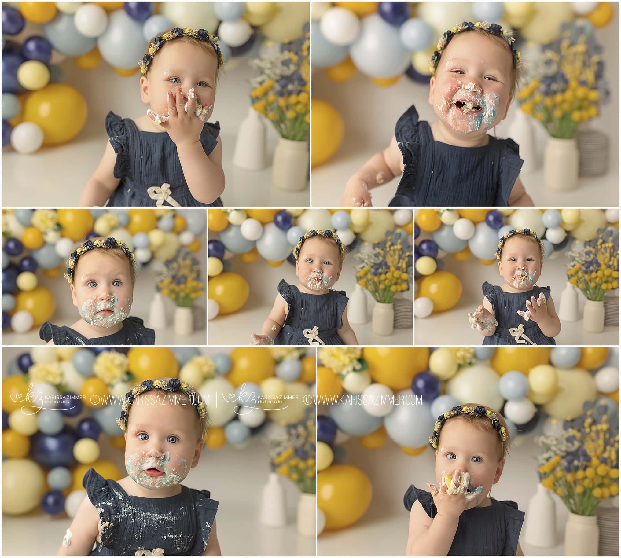 Baby eats cake at First Birthday Cake Smash Photography session