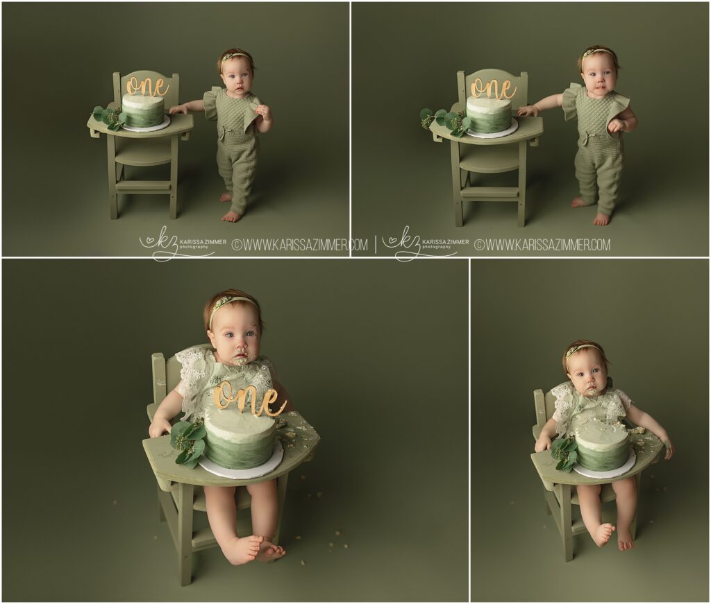 Best Cake Smash Photographer near Mechanicsburg PA photographs a baby girl on all green