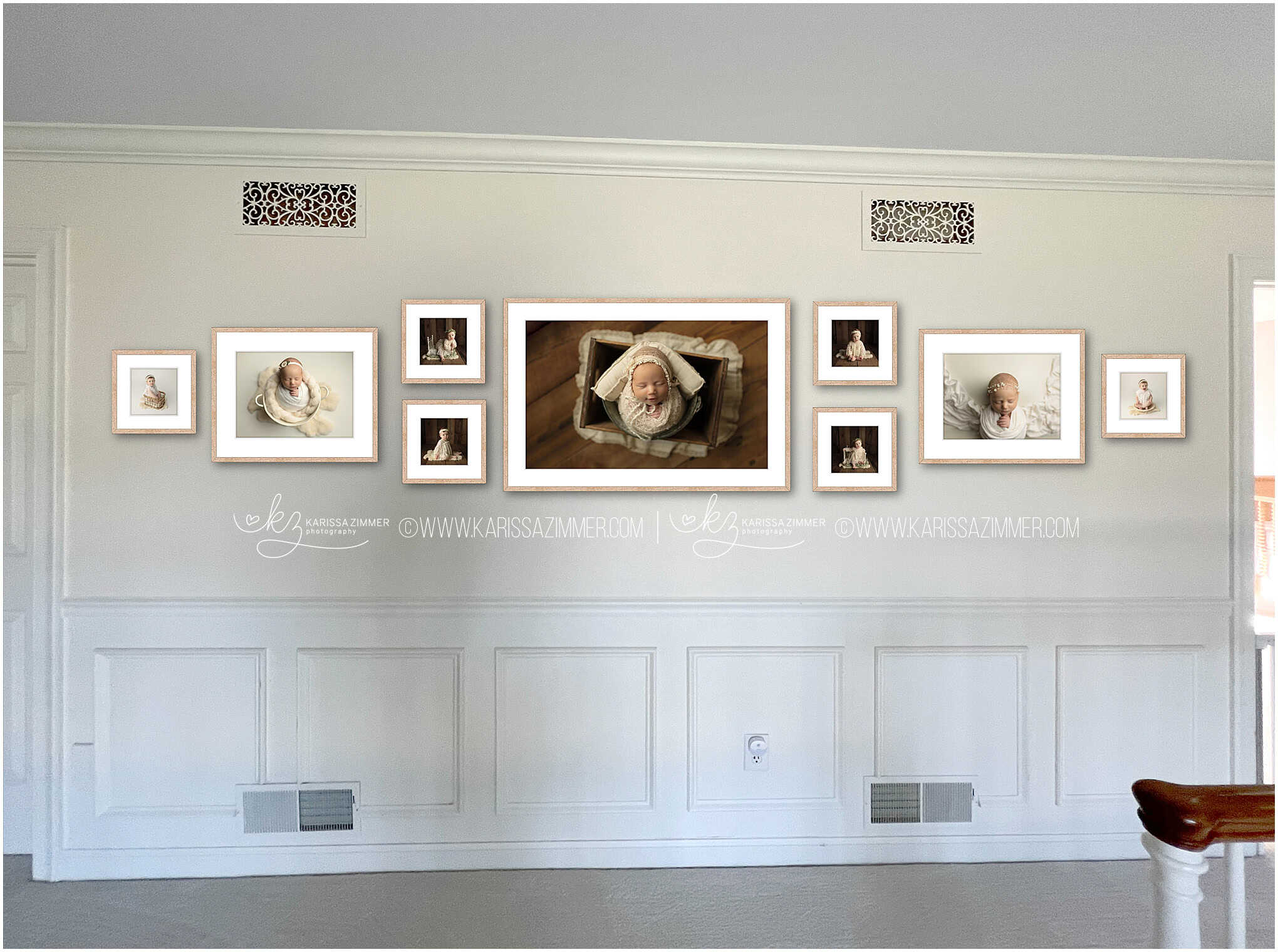 A custom wall portrait grouping by full service portrait photographer, Karissa Zimmer.