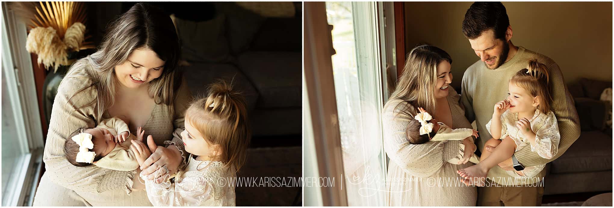 A new family of 4 shares a candid moment in their Harrisburg PA home during their lifestyle newborn photography sesion