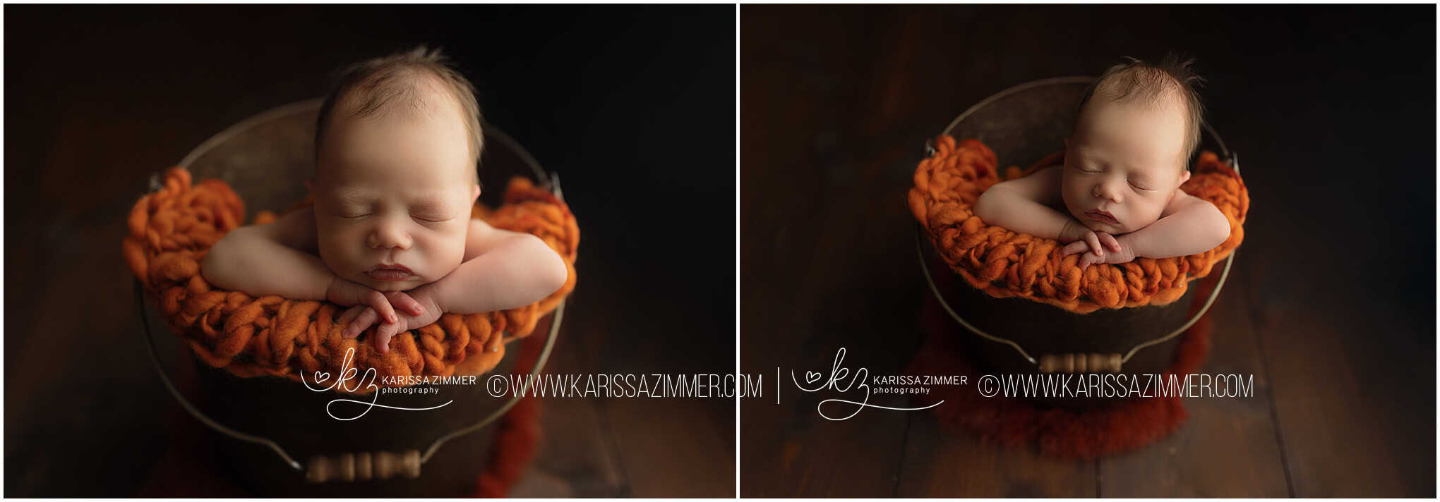 Baby boy is photographed in a bucket with an orange blanket during his first photoshoot with Best Newborn Photographer near Harrisburg PA