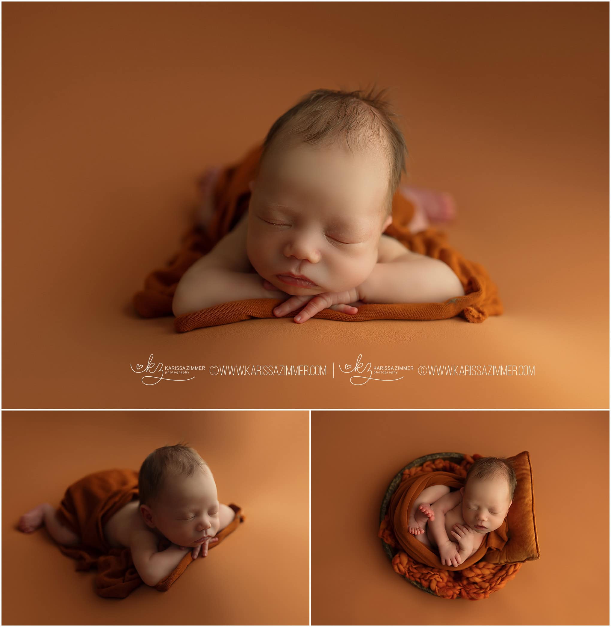 tiny newborn baby boys photographed in all orange in Harrisburg Newborn photography studio