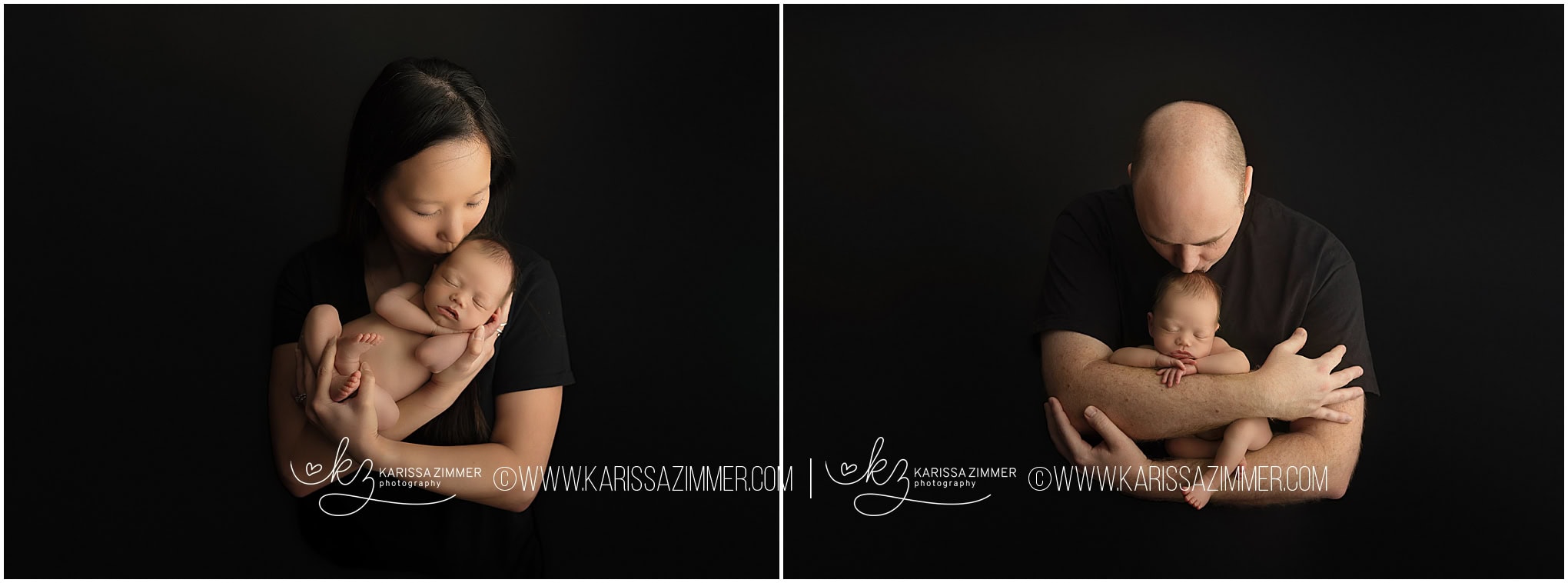 A new mom and new dad pose with the tiny baby boy and kiss him on his head during their first portrait session as new parents with Karissa Zimmer Photography