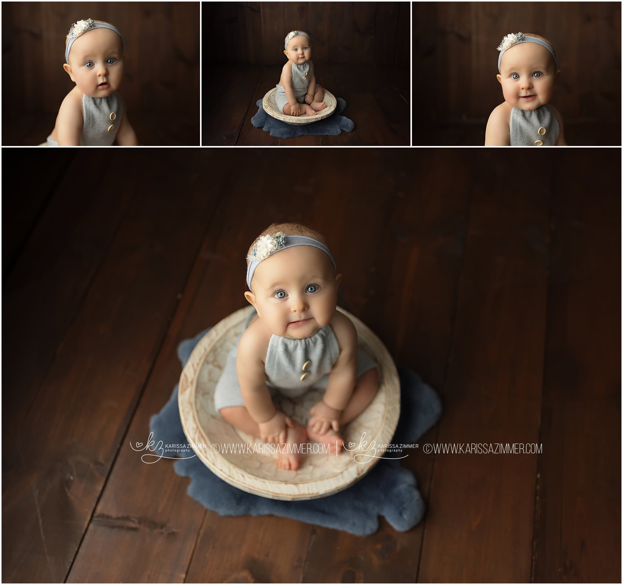blue eyed baby girl is posed on blue at her studio baby milestone photography session near 17055