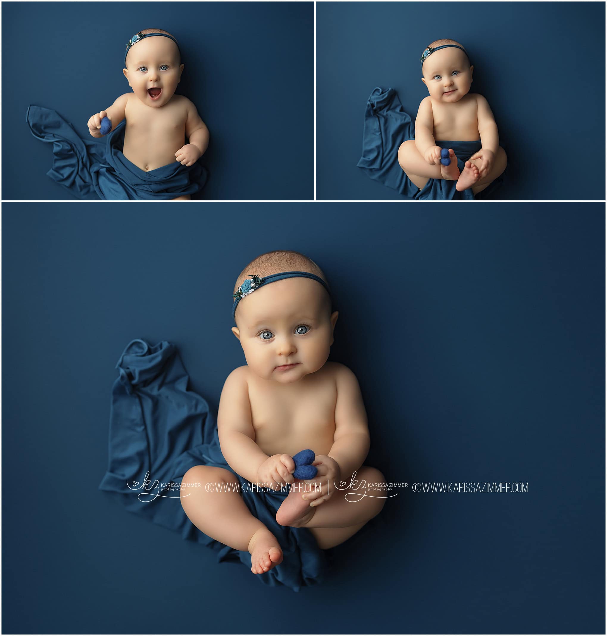 Studio baby photographer, Karissa Zimmer, photographed a 6 month old baby girl on an all blue prop setup