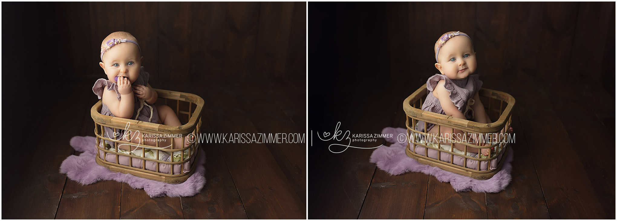 Milestone baby photos of baby girl dressed in purple
