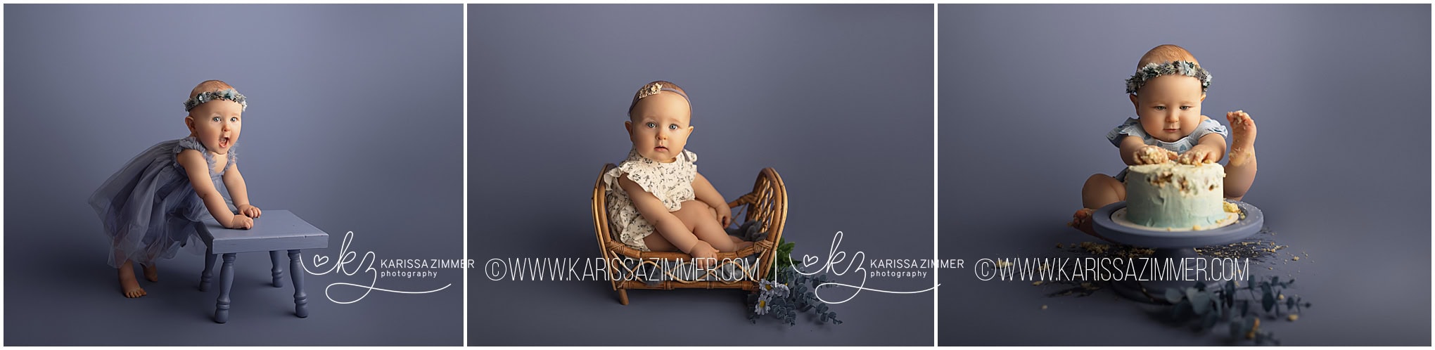 Camp Hill first birthday photographer captures images of a baby girl on a monochromatic blue set