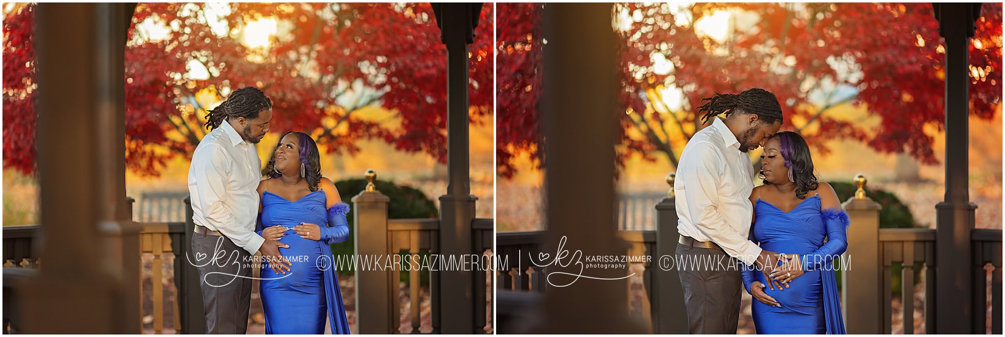 A mom and dad to be share a moment at their outdoor maternity photography session with Karissa Zimmer Photography