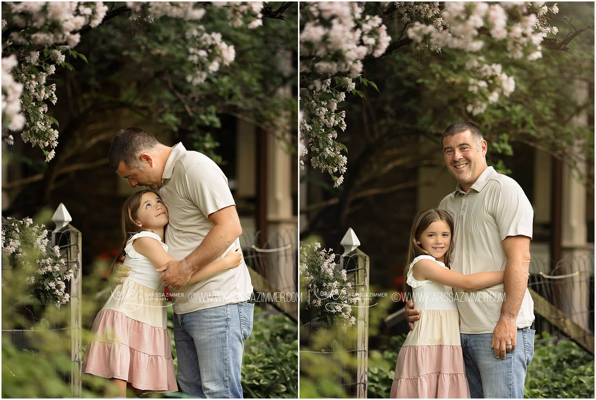 A young girl hugs her father at a beautiful outdoor location near Harrisburg PA during their family photoshoot with Karissa Zimmer Photography