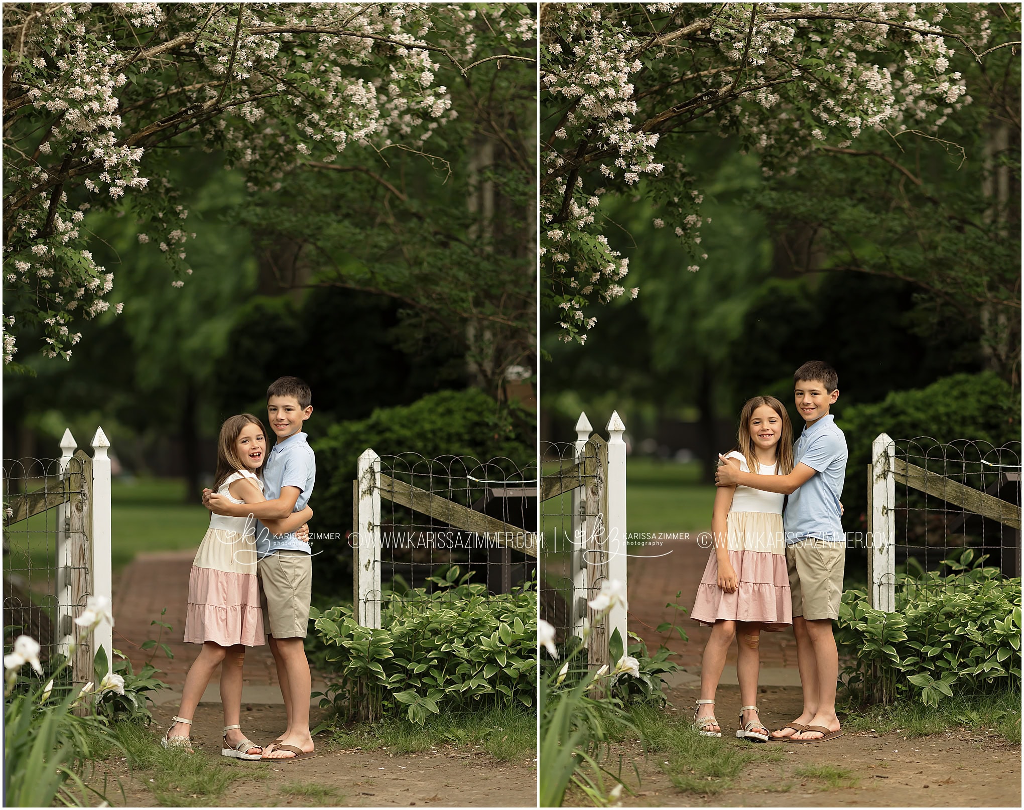 A brother and sister jokingly hug each other during their family's outdoor photo session