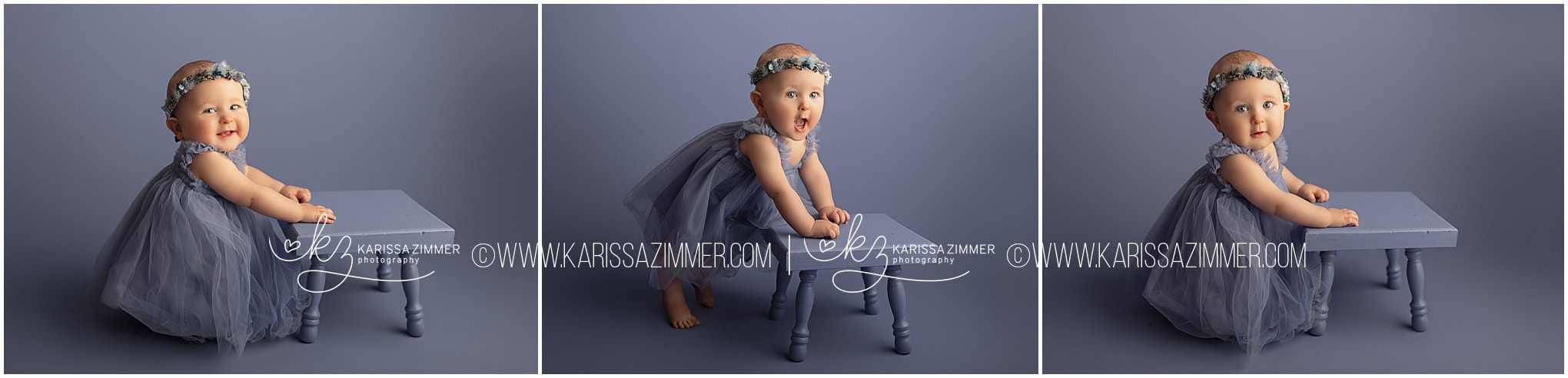 Baby girl is dressed in all blue a posed on a blue monochromatic setup for her first birthday studio cake smash photos