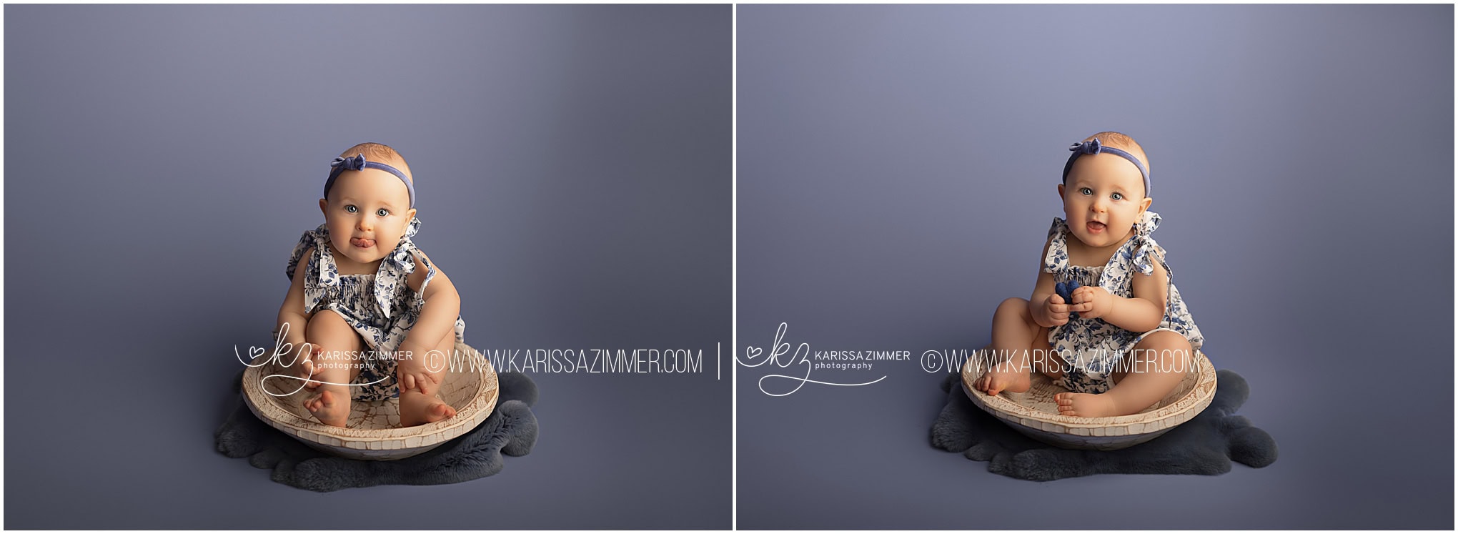 baby girl sits in a cute little bowl during her all blue birthday milestone session with Karissa Zimmer Photography
