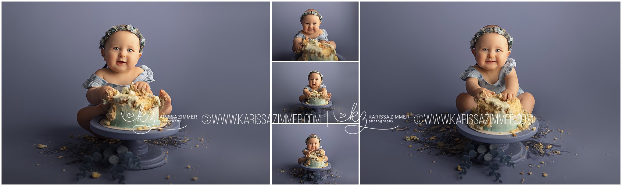 A baby girl smashes her first birthday cake in Mechanicsburg PA baby photography studio