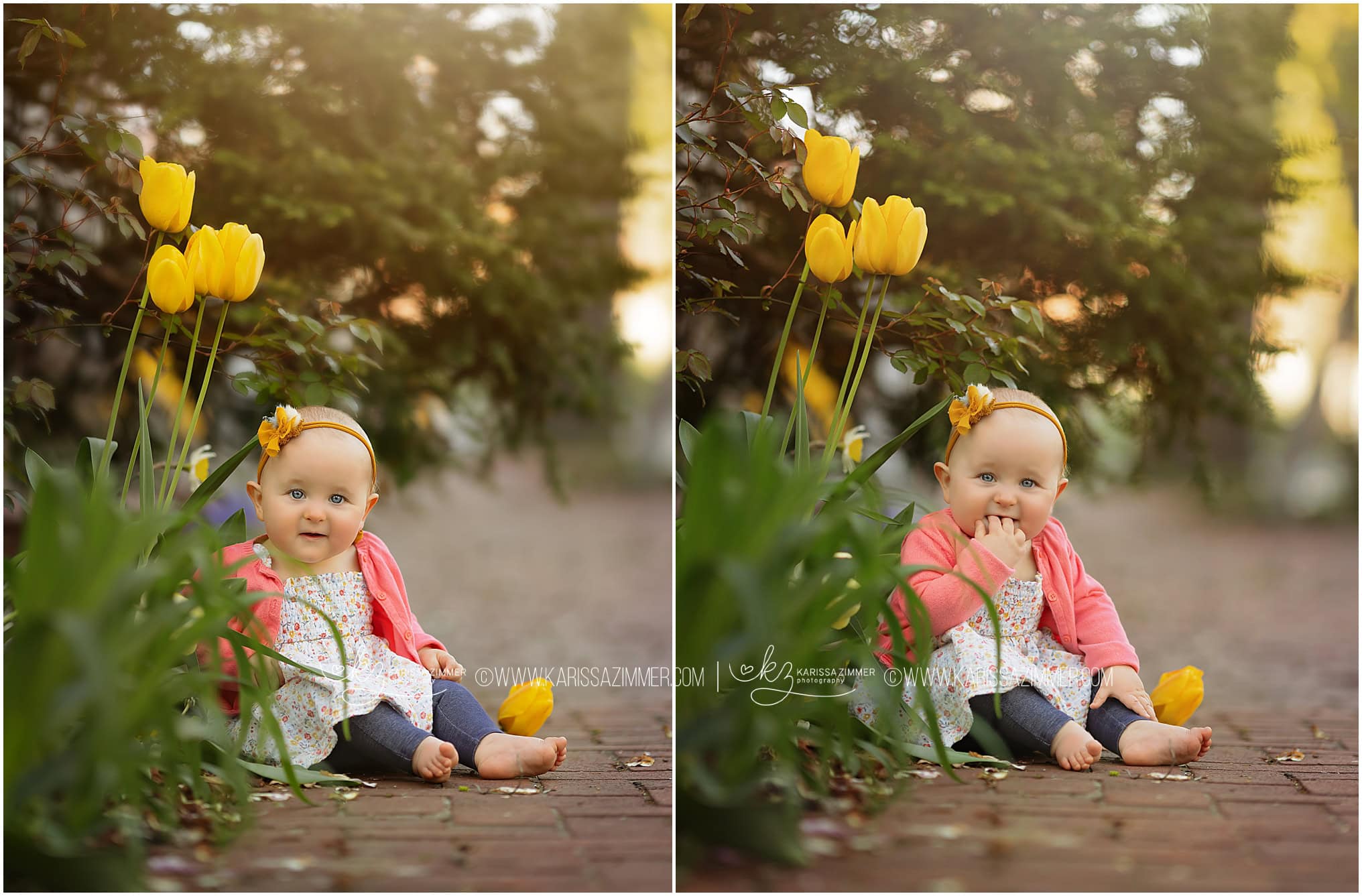 An adorable one year old baby girl sits with bright yellow tulips at her family's outdoor photoshoot near Mechanicsburg PA