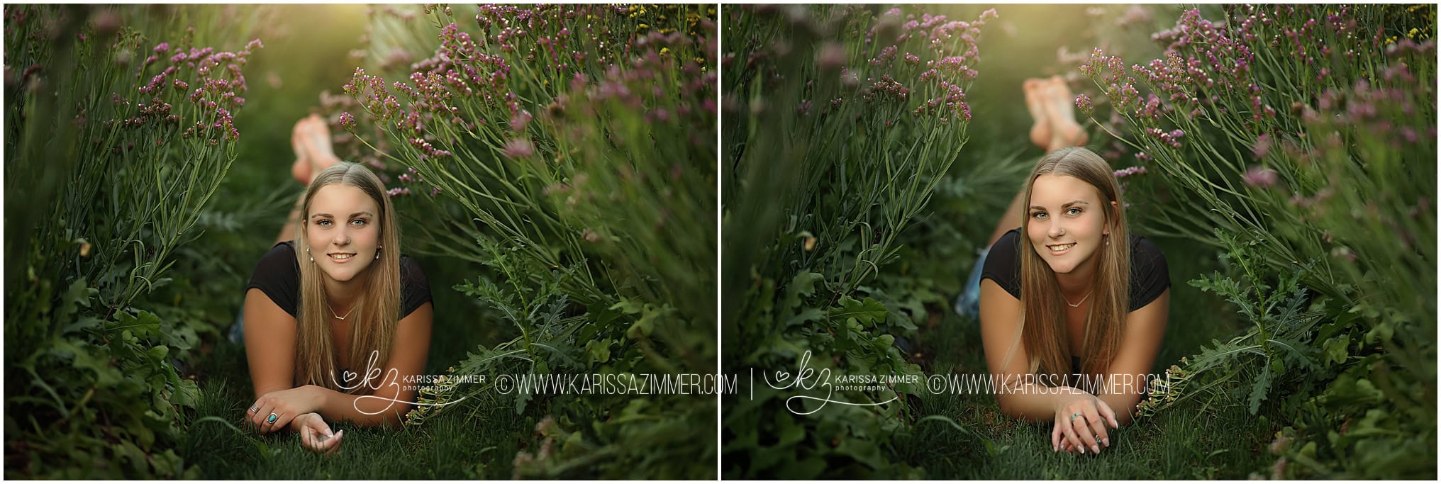 A Cumberland Valley senior lays on her stomach amongst purpe flowers while posing for her senior pictures.
