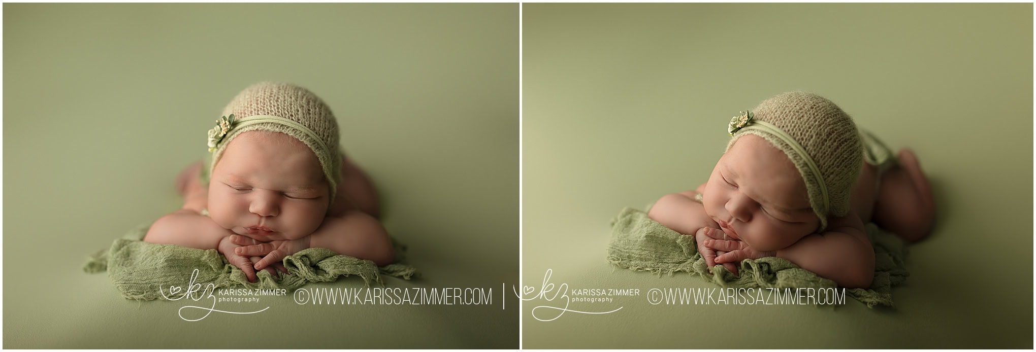 Newborn Baby girl studio photography posed in all green with Best newborn Photographer Karissa Zimmer Photography