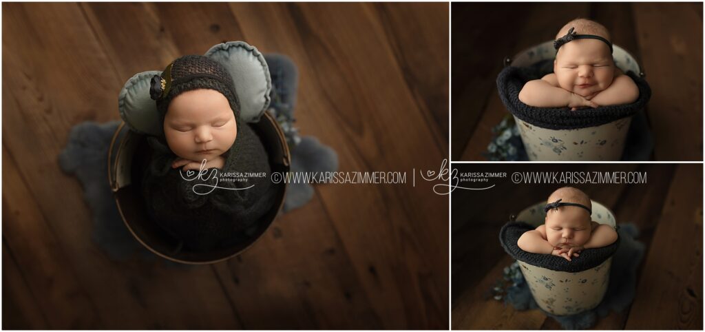 Newborn Baby girl posed in a bucket for studio newborn photos by Karissa Zimmer Photography