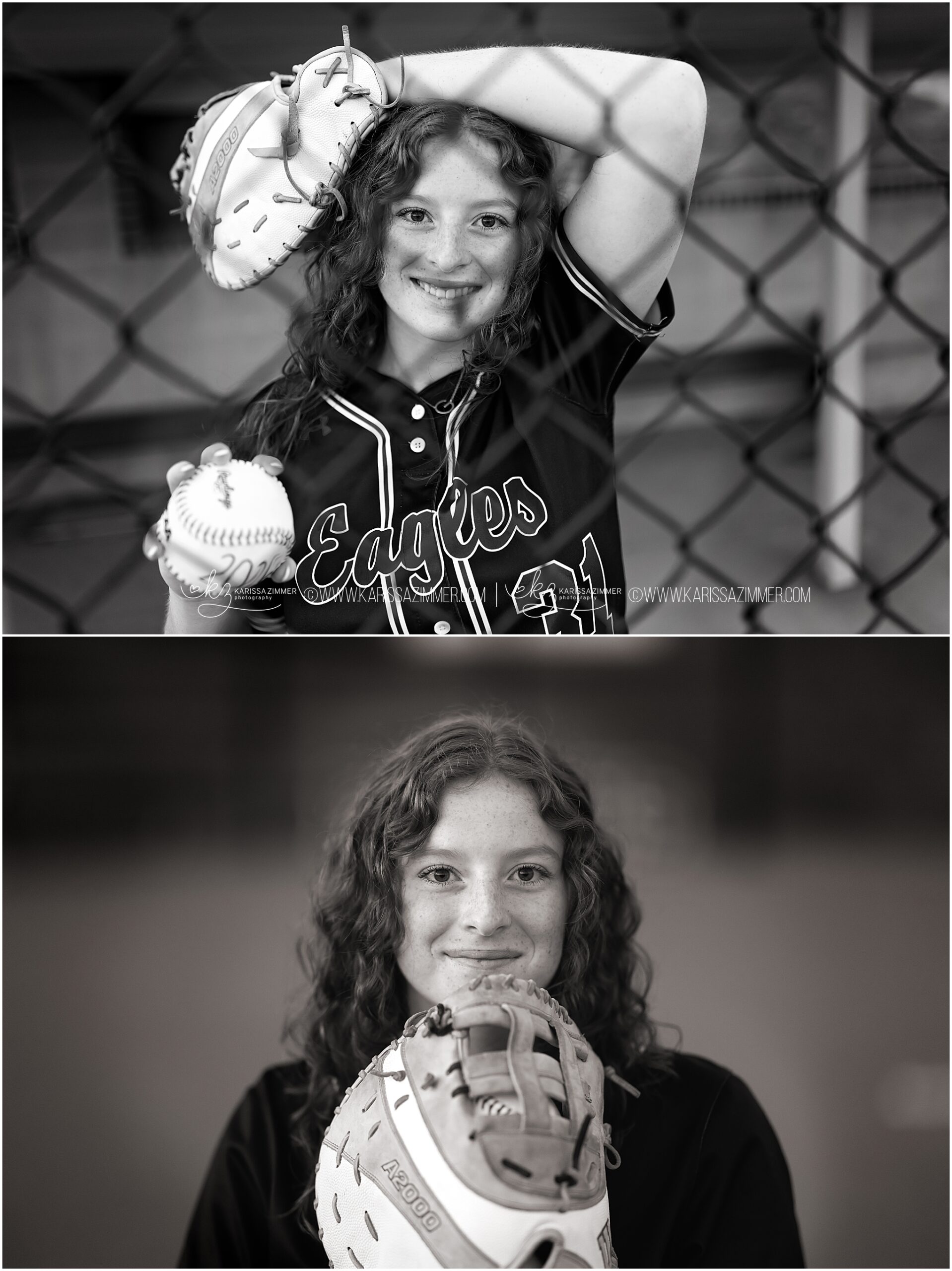 High School senior girl poses for her senior photos with her softball equipment