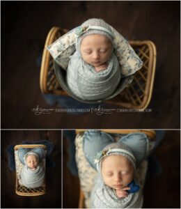 Newborn baby girl is wrapped in blue floral and photographed in Mechanicsburg PA newborn photography studio