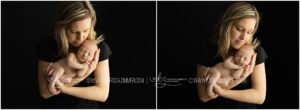 A new mom cradles her newborn baby girl and is poses on a black backdrop during their newborn photoshoot with Karissa Zimmer Photography