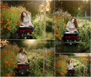 A Cumberland Valley high school senior uses her pottery wheel in a beautiful flower field at her senior photo session.