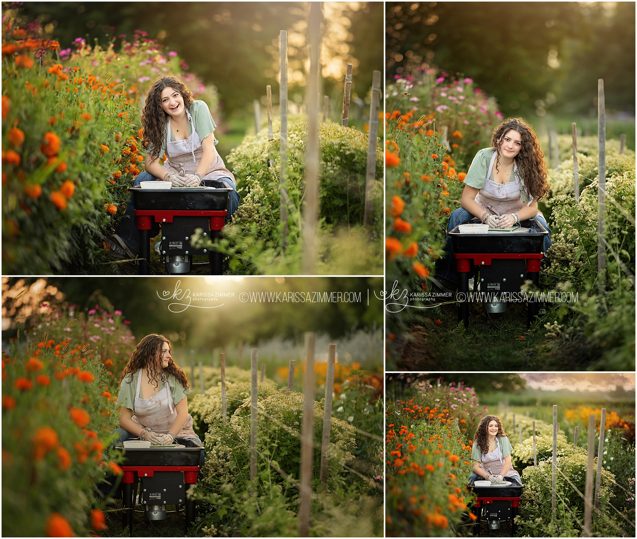 A Cumberland Valley high school senior uses her pottery wheel in a beautiful flower field at her senior photo session.