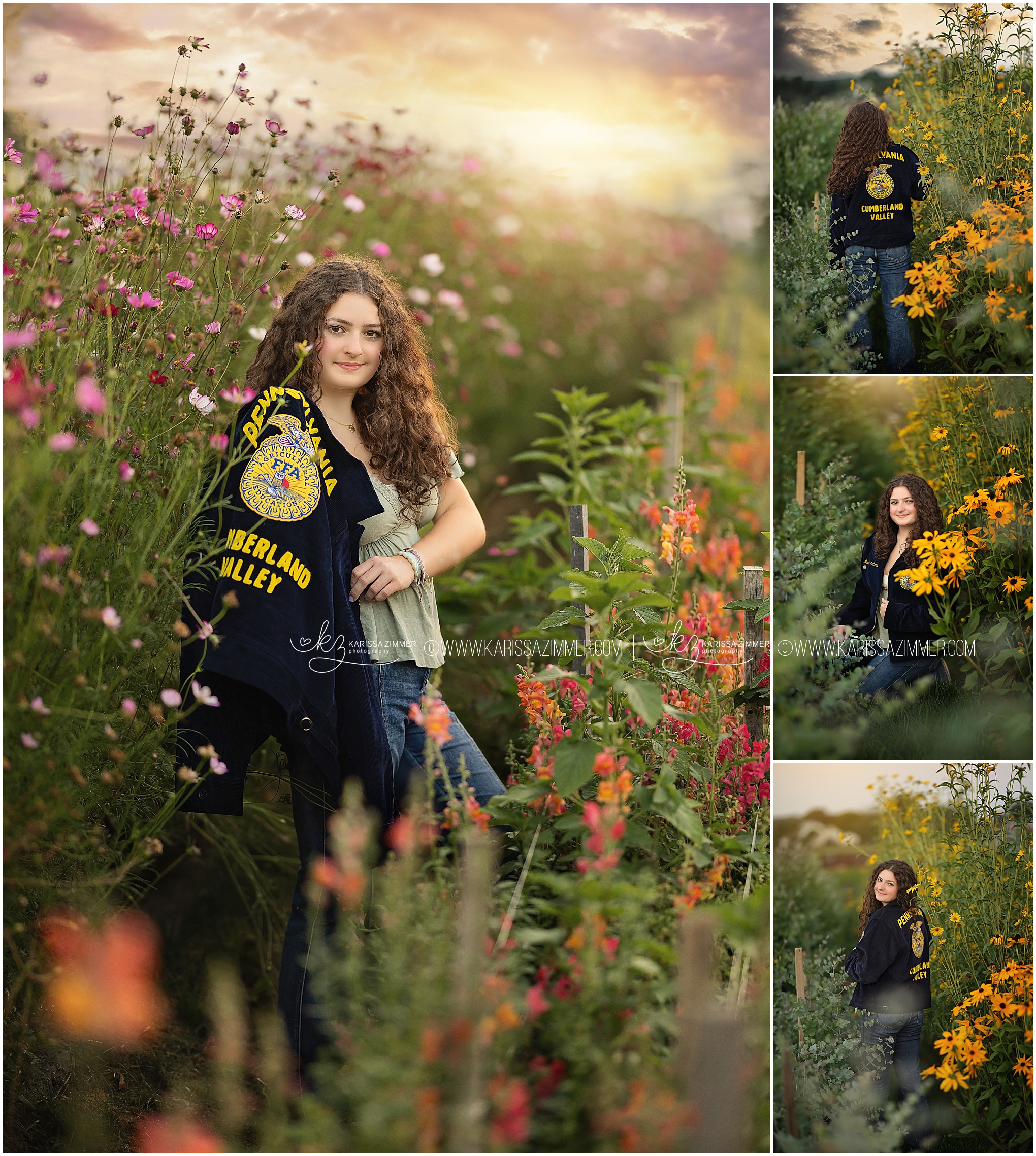 A Cumberland Valley High School senior and proud FFA member poses with her official FFA jacket in a flower field near Mechanicsburg PA