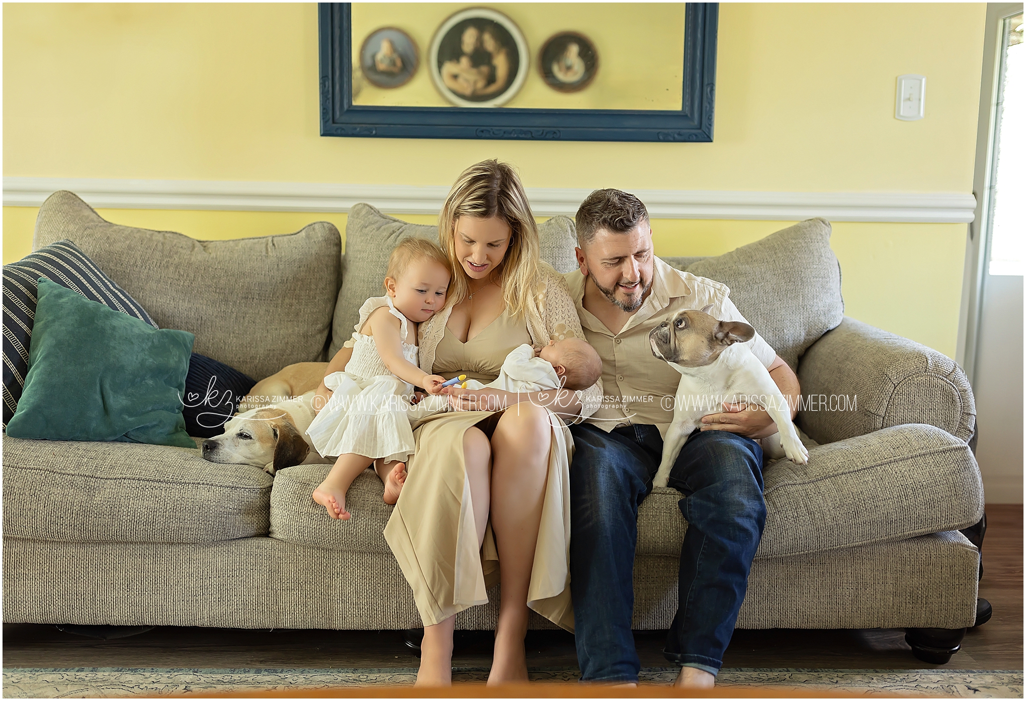 a family of 4 and 2 dogs embrace on their sofa at their lifestyle in home photoshoot