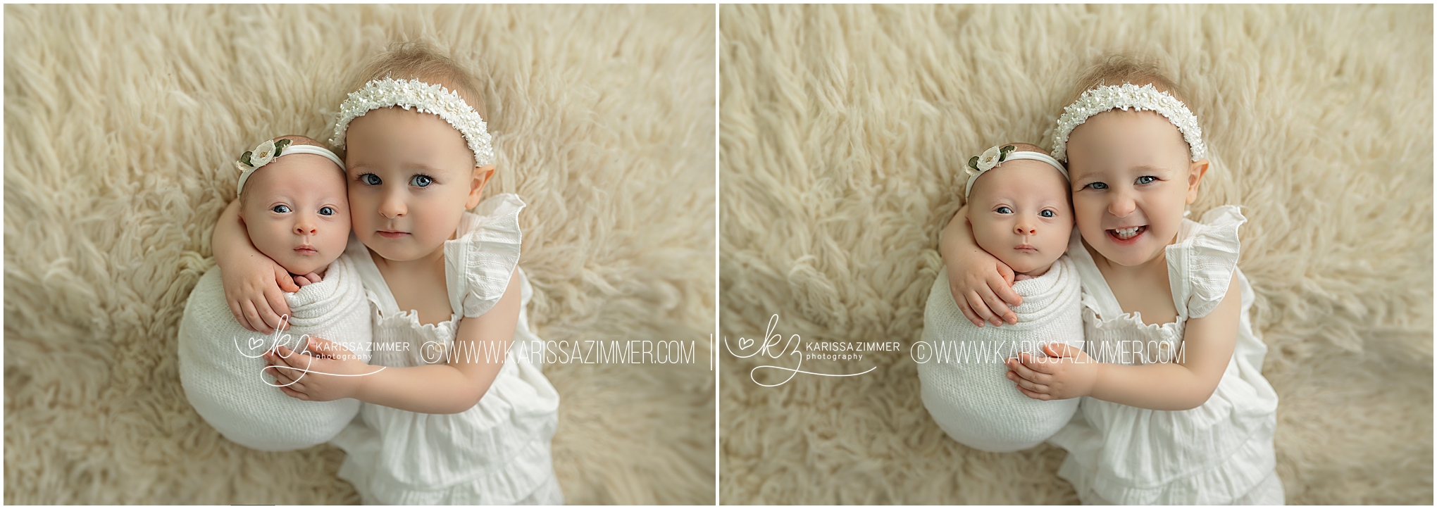 Newborn and sibling portraits on all white set.