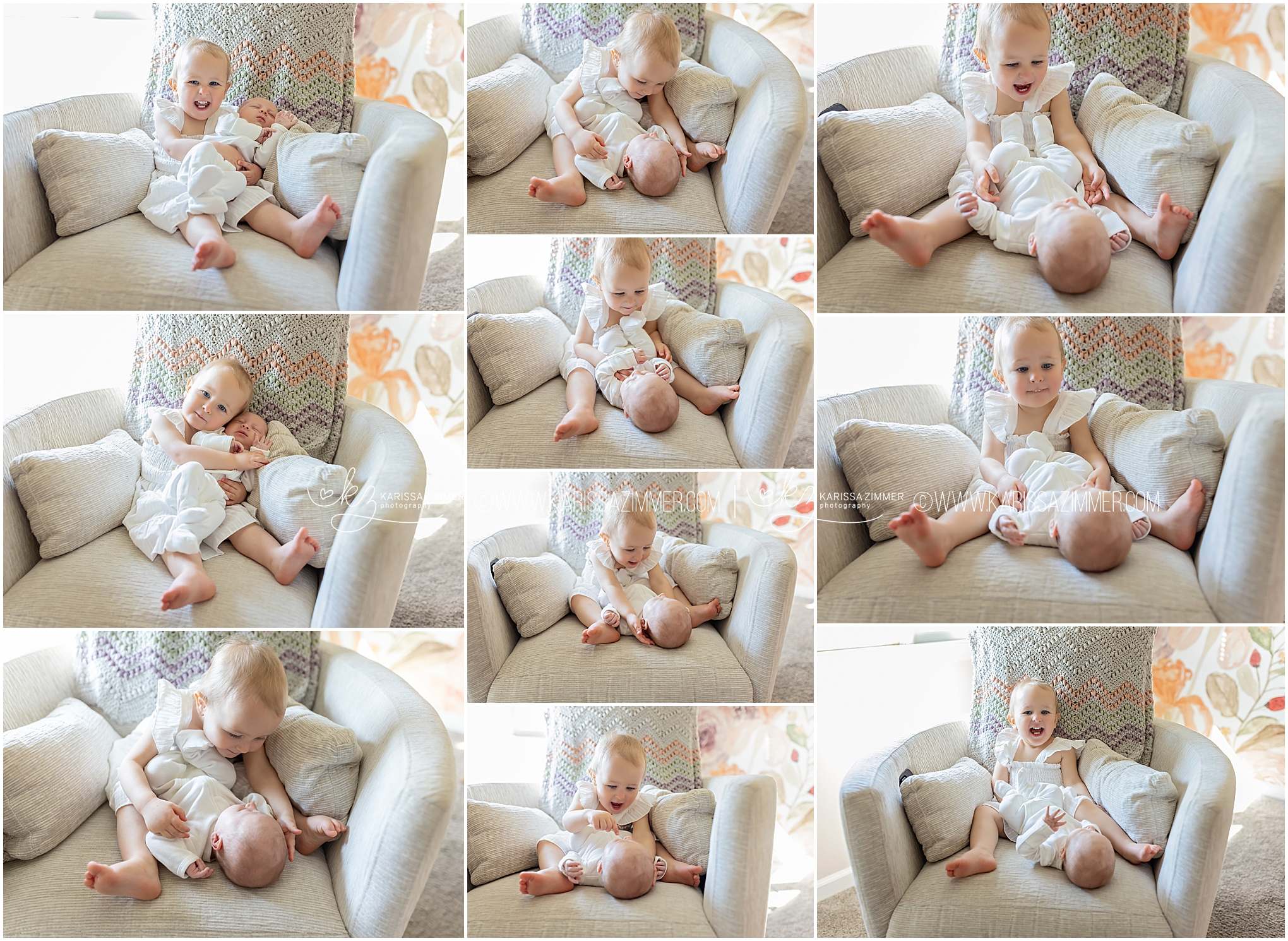 A toddler girl embraces her new role as a big sister while loving on her newborn baby sister during her in-home newborn photo session with Karissa Zimmer Photography.