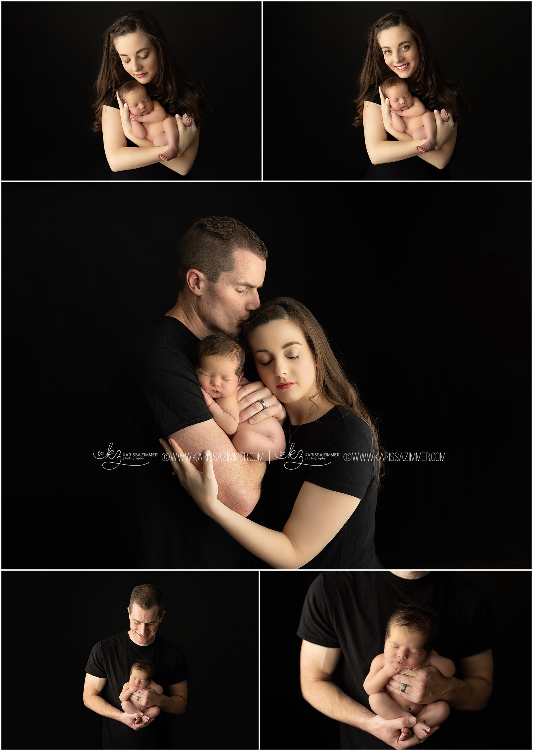 Parents pose on a black backdrop for the first photos with their newborn daughter near camp hill PA